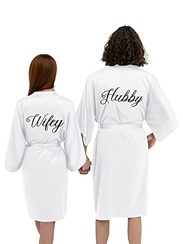 AW BRIDAL Satin Matching Pajamas Robes Wifey and Hubby Robes Bridal Nightgowns with Pockets Wedding Anniversary Bridal Shower Gifts, White Wifey/Hubby - PUF HOUSE