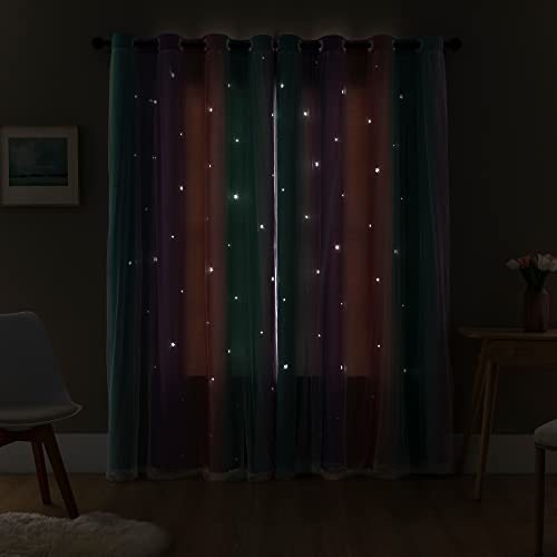 XiDi Dream Star Blackout Curtains for Kids Rooms Girl Princess Curtain for Daughter Bedroom Window (Pink Purple Green, W34 X L63) - PUF HOUSE