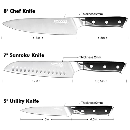 Topfeel Professional Chef Knife Set Sharp Knife, German High Carbon Stainless Steel Kitchen Knife Set 3 PCS-8" Chefs Knife &7" Santoku Knife&5" Utility Knife, Knives Set for Kitchen with Gift Box… - PUF HOUSE