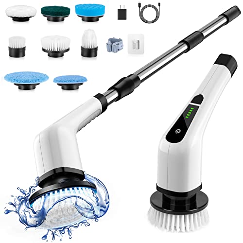 Electric Spin Scrubber, Cordless Cleaning Brush Tub Tile Scrubber for Home, 8 Replaceable Brush Heads, 90Mins Work Time 3 Adjustable Handle 2 Adjustable Speeds for Bathroom Shower Bathtub Glass Car - PUF HOUSE
