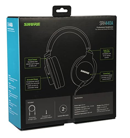 Shure SRH440A Over-Ear Wired Headphones for Monitoring & Recording, Professional Studio Grade, Enhanced Frequency Response, Work with All Audio Devices, Adjustable & Collapsible Design - 2022 Version - PUF HOUSE