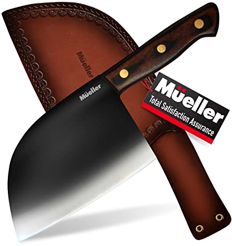 Mueller UltraForged Professional Meat Cleaver Knife 7" Handmade High-Carbon Clad Steel Serbian Chef Knife with Leather Sheath, Full Tang Pakkawood Handle, Multi-functional for Kitchen, Camping, BBQ - PUF HOUSE