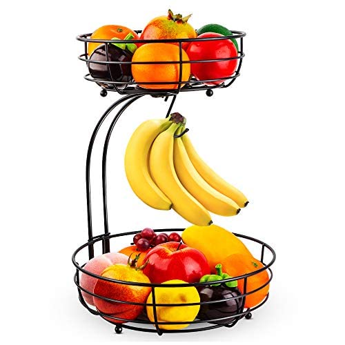 Auledio Iron 2-Tier Countertop Fruit Vegetables Basket Bowl Storage With Banana Hanger, Black, 64 ounces - PUF HOUSE