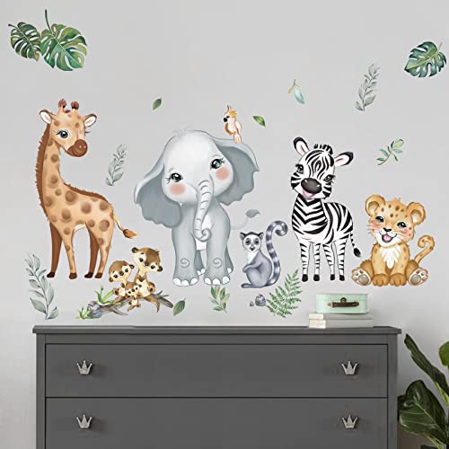 decalmile Jungle Animals Wall Decals Elephant Giraffe Safari Wall Stickers Baby Nursery Kids Room Living Room Wall Decor - PUF HOUSE
