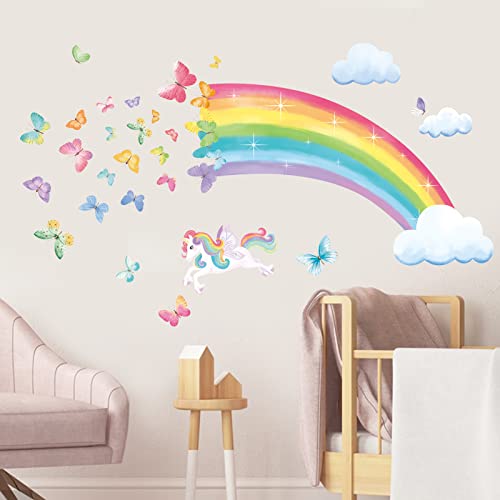 decalmile Rainbow Wall Decals Unicorn Rainbow Butterflies Clouds Wall Stickers Baby Nursery Girls Bedroom Living Room Wall Decor - PUF HOUSE