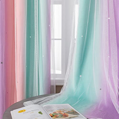 XiDi Dream Star Blackout Curtains for Kids Rooms Girl Princess Curtain for Daughter Bedroom Window (Pink Purple Green, W34 X L63) - PUF HOUSE