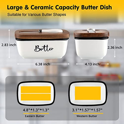 Butter Dish with Lid and Knife for Countertop, Airtight Butter Keeper for Counter or Fridge, Ceramic Butter Container with Thick Acacia Wood Lid, for Modern Kitchen Decor and Accessories, White - PUF HOUSE