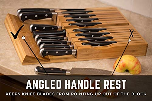 In-Drawer Bamboo Knife Block Holds 16 Knives (Not Included) Without Pointing Up PLUS a Slot for your Knife Sharpener! Noble Home & Chef Knife Organizer Made from Quality Moso Bamboo - PUF HOUSE
