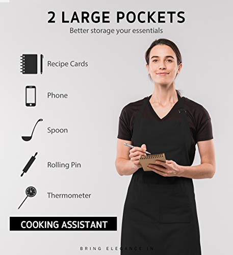 Syntus 2 Pack Adjustable Bib Apron Waterdrop Resistant with 2 Pockets Cooking Kitchen Aprons for Women Men Chef, Black - PUF HOUSE