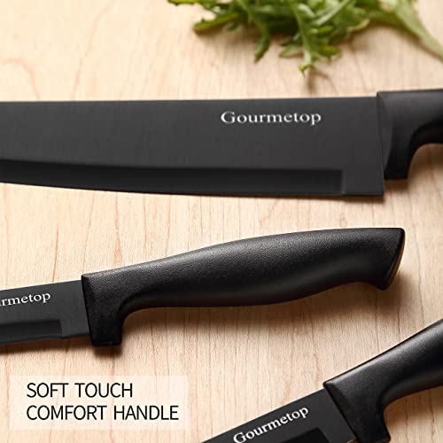Gourmetop Kitchen Knife Set with No Drilling Magnetic Strip, Knives Set for Kitchen Black Titanium Cooking Knives, Sharp Stainless Steel Chef Knife Set for Cutting Meat & Vegetable, Small Knife Set - PUF HOUSE