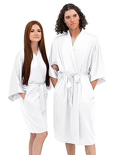 AW BRIDAL Satin Matching Pajamas Robes Wifey and Hubby Robes Bridal Nightgowns with Pockets Wedding Anniversary Bridal Shower Gifts, White Wifey/Hubby - PUF HOUSE