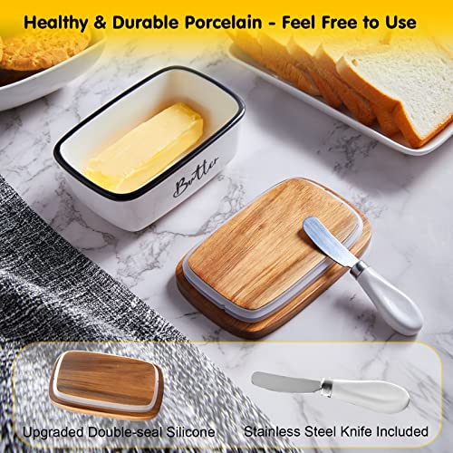 Butter Dish with Lid and Knife for Countertop, Airtight Butter Keeper for Counter or Fridge, Ceramic Butter Container with Thick Acacia Wood Lid, for Modern Kitchen Decor and Accessories, White - PUF HOUSE