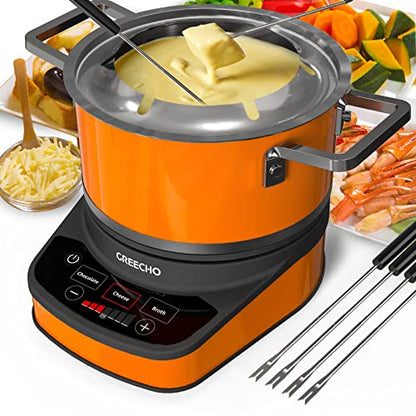 GREECHO Fondue Pot Electric Set - 2.6 Qt Stainless Steel Electric Fondue Pot with 3 Preset Mode (Cheese, Chocolate & Broth) and Precise Digital 7 Gear Temperature Control, 1200W Fondue Pot Set with Separated Fondue Pot & 6 Color-Coded Forks (Carrot Orange - PUF HOUSE