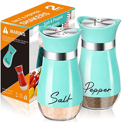 Arrozon Salt and Pepper Shakers Set,4 oz Glass Bottom Salt Pepper Shaker with Stainless Steel Lid for Kitchen Cooking Table, RV, Camp,BBQ Refillable Design (Cyan-Blue) - PUF HOUSE