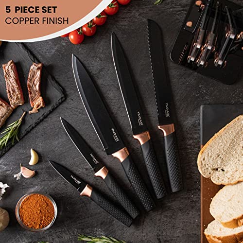 nuovva Kitchen Knife Block Set Copper 5 Piece Set with Knives Clear Acrylic Block Stainless Steel Blades - PUF HOUSE
