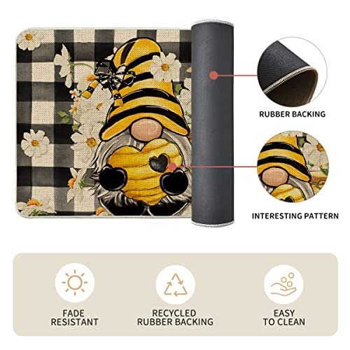 Artoid Mode Buffalo Plaid Gnome Bee Kind Honey Summer Kitchen Mats Set of 2, Daisy Spring Home Decor Low-Profile Kitchen Rugs for Floor - 17x29 and 17x47 Inch - PUF HOUSE