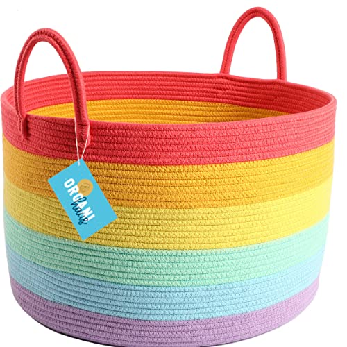 OrganiHaus Storage Basket for Rainbow Classroom Decor 20x13 | Throw Blanket Basket for Living Room | Laundry Storage Organizer | Toy Basket Storage for Kids | Hamper for Baby Rainbow Nursery Décor - PUF HOUSE