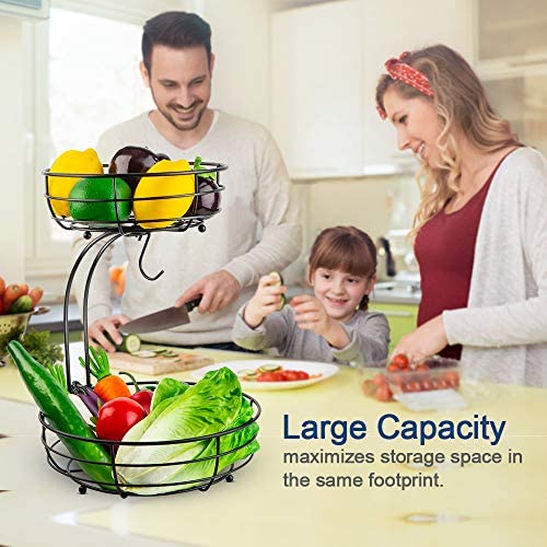Auledio Iron 2-Tier Countertop Fruit Vegetables Basket Bowl Storage With Banana Hanger, Black, 64 ounces - PUF HOUSE