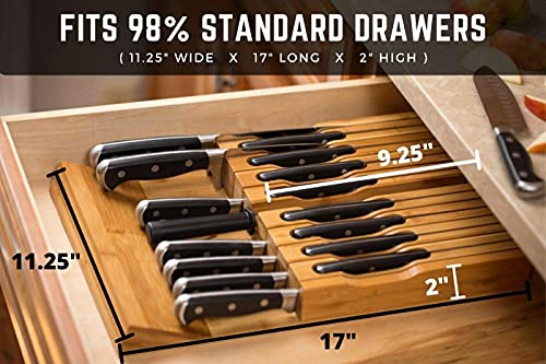 In-Drawer Bamboo Knife Block Holds 16 Knives (Not Included) Without Pointing Up PLUS a Slot for your Knife Sharpener! Noble Home & Chef Knife Organizer Made from Quality Moso Bamboo - PUF HOUSE