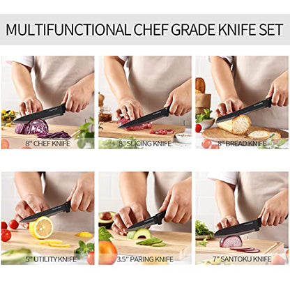 Gourmetop Kitchen Knife Set with No Drilling Magnetic Strip, Knives Set for Kitchen Black Titanium Cooking Knives, Sharp Stainless Steel Chef Knife Set for Cutting Meat & Vegetable, Small Knife Set - PUF HOUSE