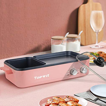 Topwit Electric Hot Pot with Grill, 2 in 1 Indoor Non-stick Hot Pot Electric with Grill for Steaks, Shabu Shabu, Noodles, Simmer and Fry - PUF HOUSE