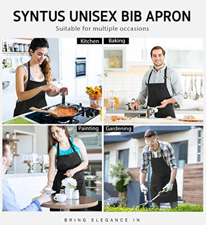 Syntus 2 Pack Adjustable Bib Apron Waterdrop Resistant with 2 Pockets Cooking Kitchen Aprons for Women Men Chef, Black - PUF HOUSE