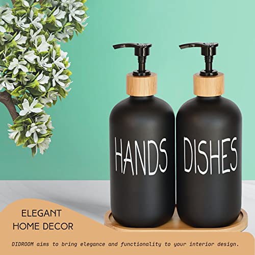 Glass Soap Dispenser Set. Hand Soap and Dish Soap Dispenser with Bamboo Tray. Vintage Soap Dispenser with Pump for Kitchen Sink and Bathroom. Stylish Permanent Labels (Matte Black) - PUF HOUSE