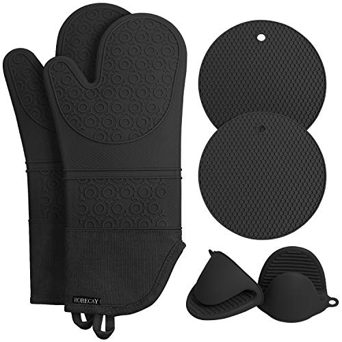 Rorecay Extra Long Oven Mitts and Pot Holders Sets: Heat Resistant Silicone Oven Mittens with Mini Oven Gloves and Hot Pads Potholders for Kitchen Baking Cooking, Quilted Liner, Black, Pack of 6 - PUF HOUSE