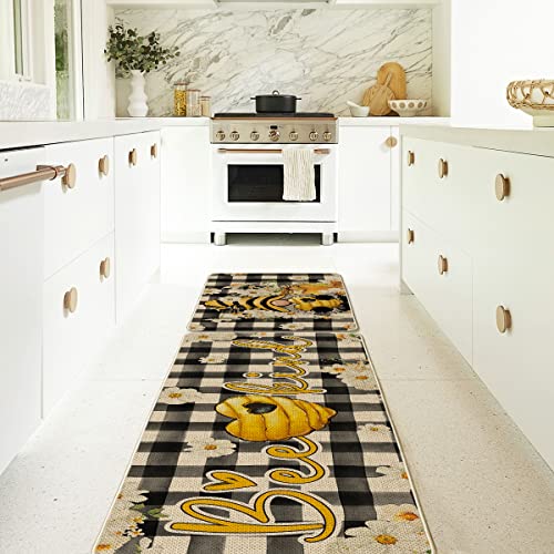 Artoid Mode Buffalo Plaid Gnome Bee Kind Honey Summer Kitchen Mats Set of 2, Daisy Spring Home Decor Low-Profile Kitchen Rugs for Floor - 17x29 and 17x47 Inch - PUF HOUSE