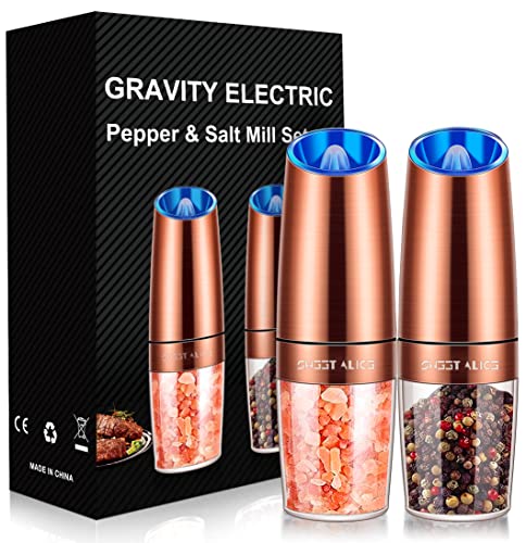 Gravity Electric Pepper and Salt Grinder Set, Adjustable Coarseness, Battery Powered with LED Light, One Hand Automatic Operation, Stainless Steel Copper, 2 Pack - PUF HOUSE